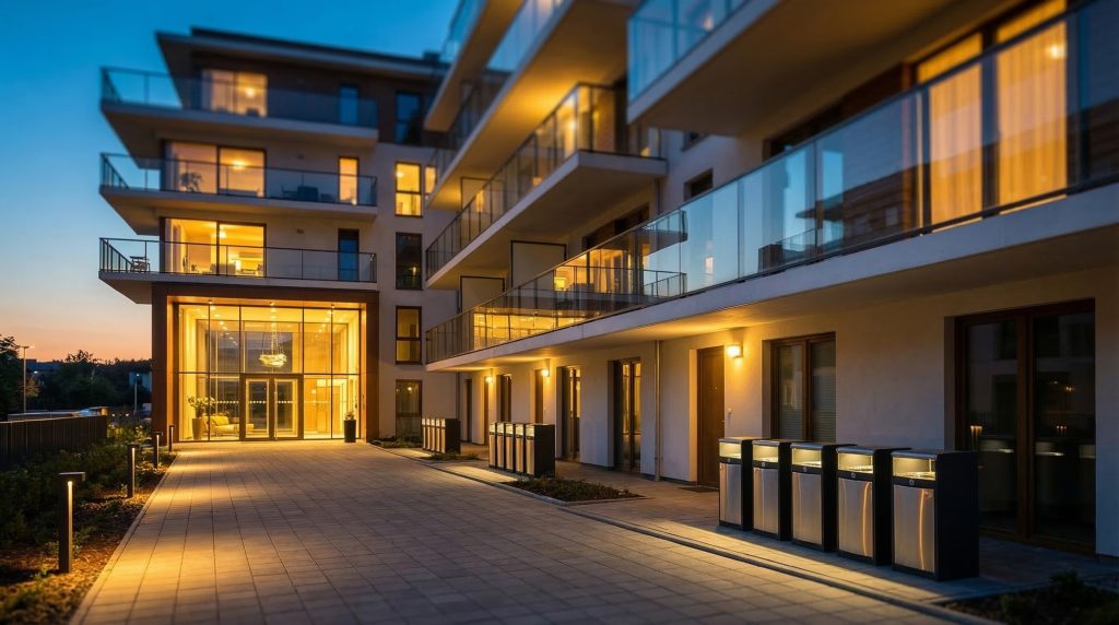 Modern apartment building exterior at dusk with warm lights and doorstep trash collection containers along a ground-floor corridor