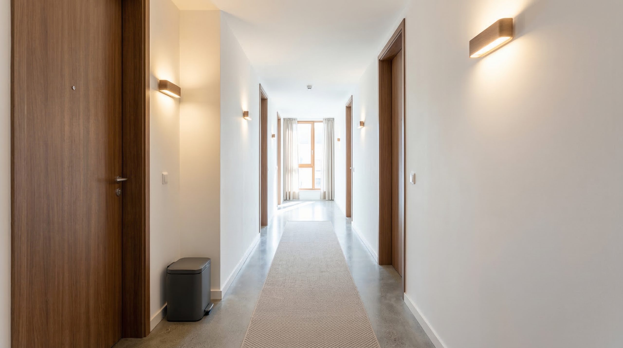 Bright modern apartment hallway with warm wall sconce lighting and a valet trash collection container outside a unit door