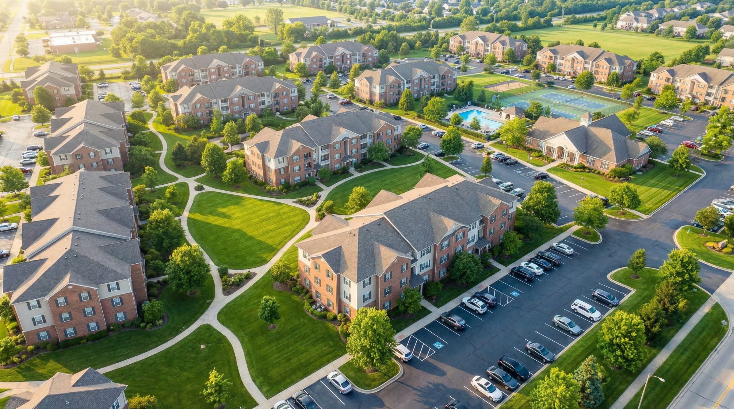 Aerial view of well-maintained apartment community with manicured lawns and multiple residential buildings