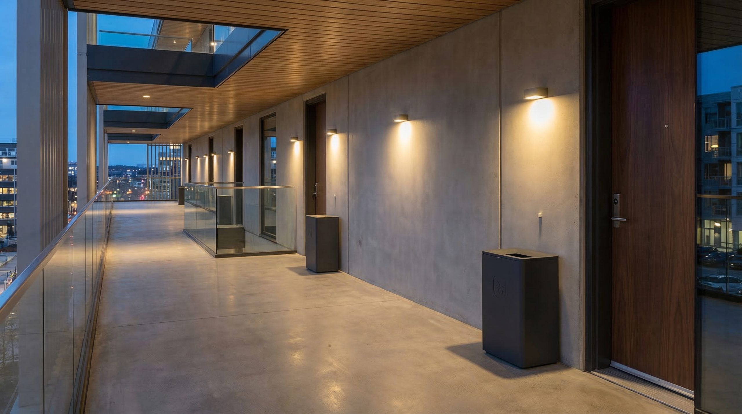 Apartment breezeway at evening with valet trash containers placed outside unit doors for doorstep collection