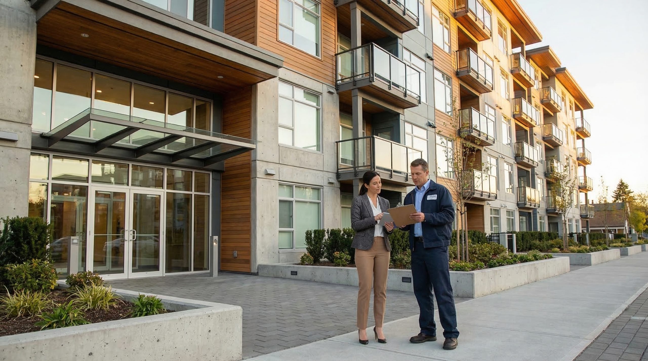 Property manager and staff reviewing clipboard during valet trash implementation planning meeting outside apartment building