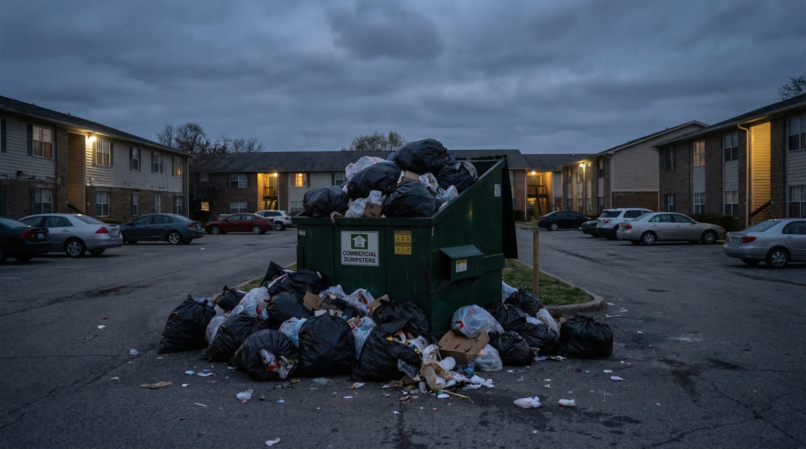 Overflowing commercial dumpster in apartment parking lot with scattered trash bags showing the problem with traditional waste management