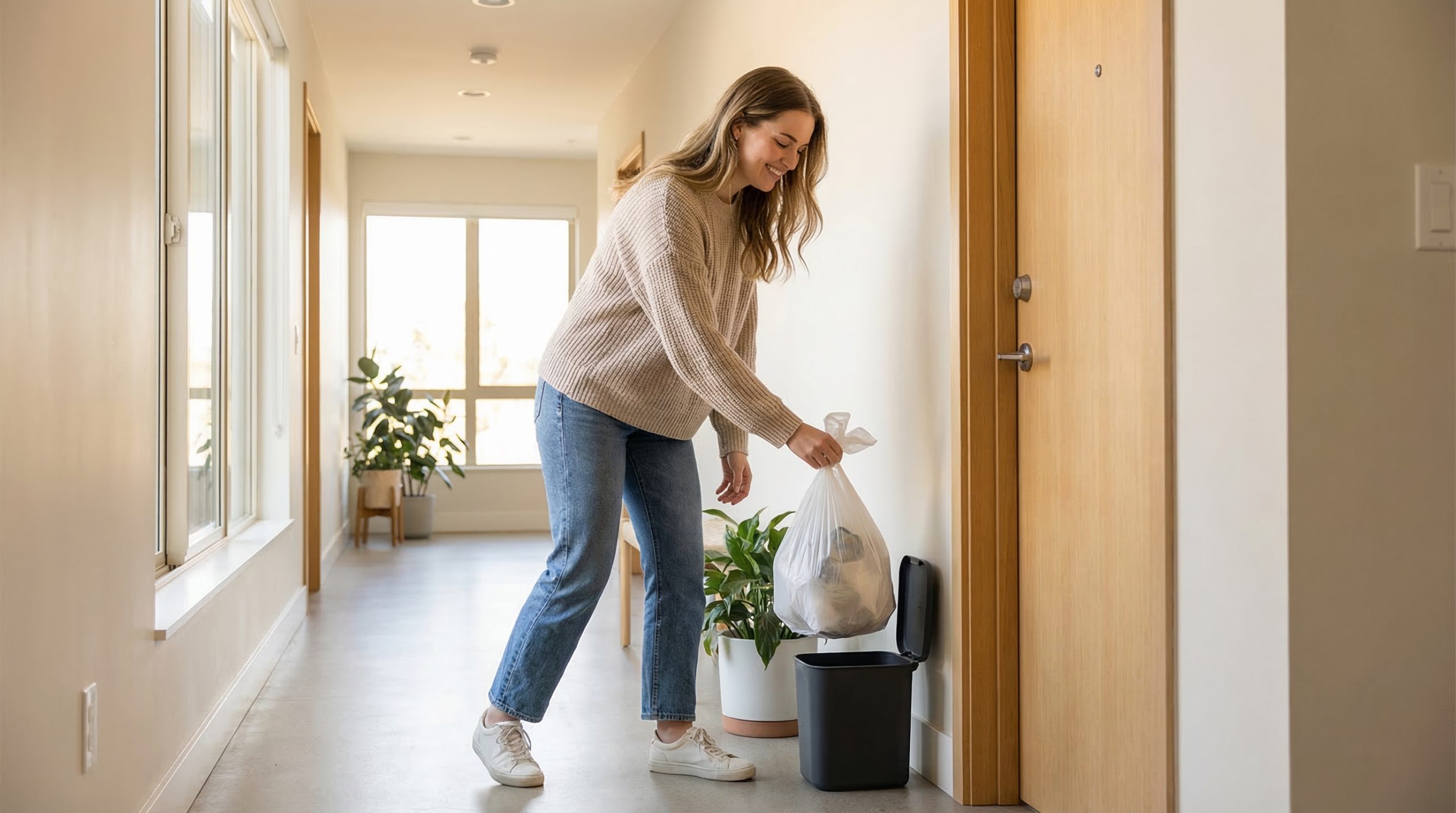 Resident placing trash bag in doorstep collection container in bright apartment hallway showing valet trash convenience