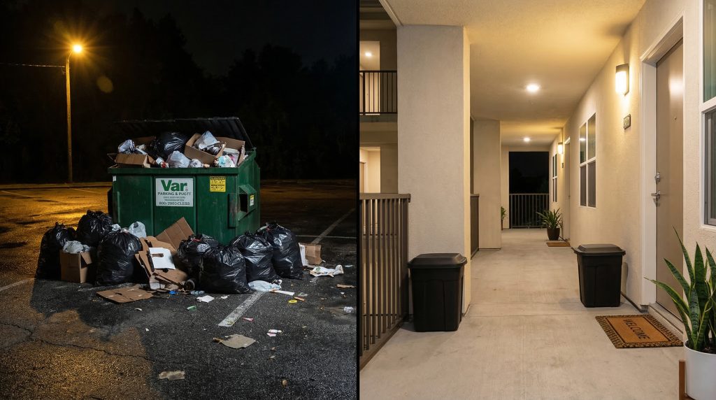 Split comparison showing overflowing dumpster versus clean valet trash doorstep collection