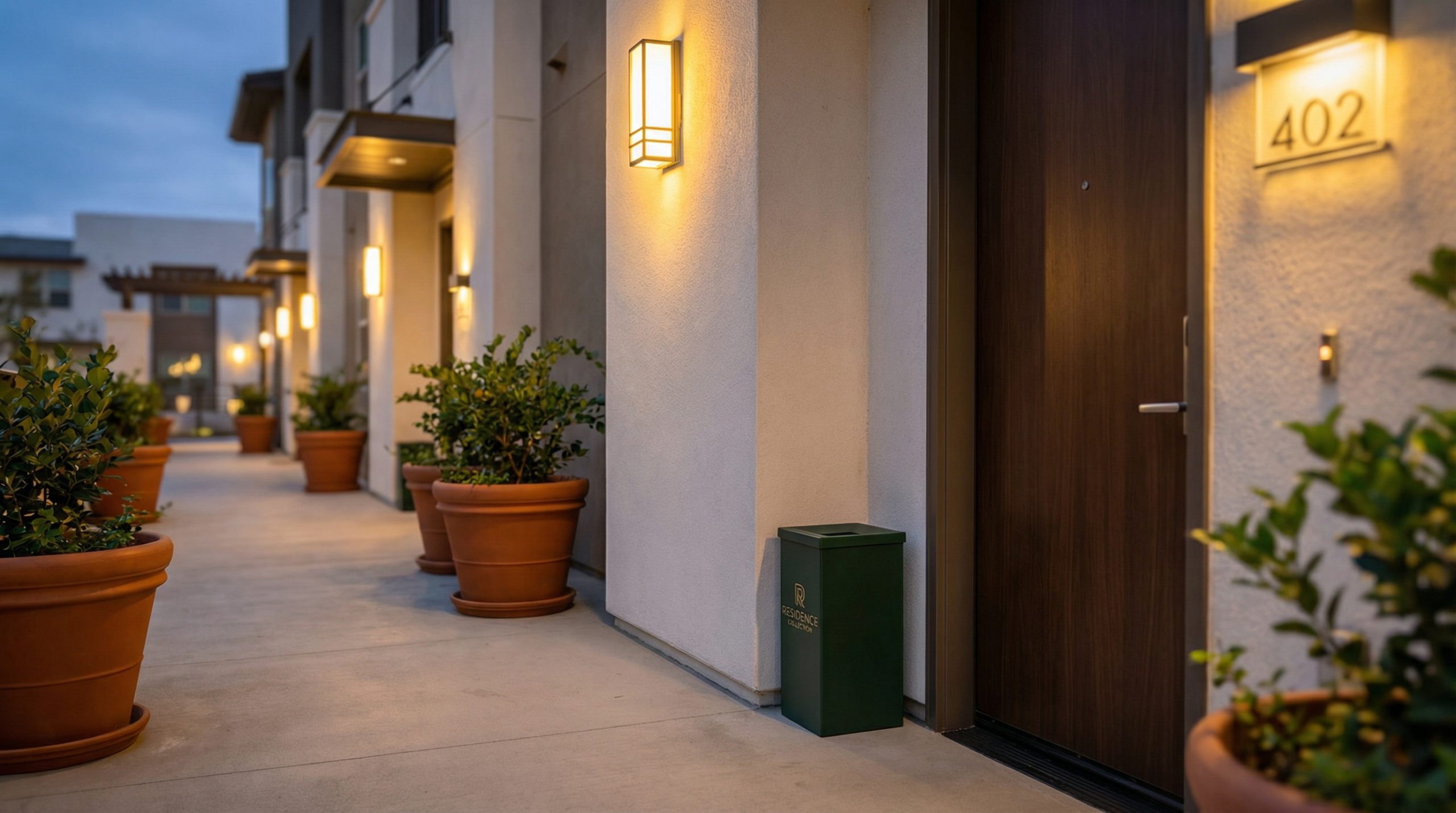 Modern apartment breezeway at dusk with warm wall sconce lighting and a valet trash collection container placed outside a resident's front door