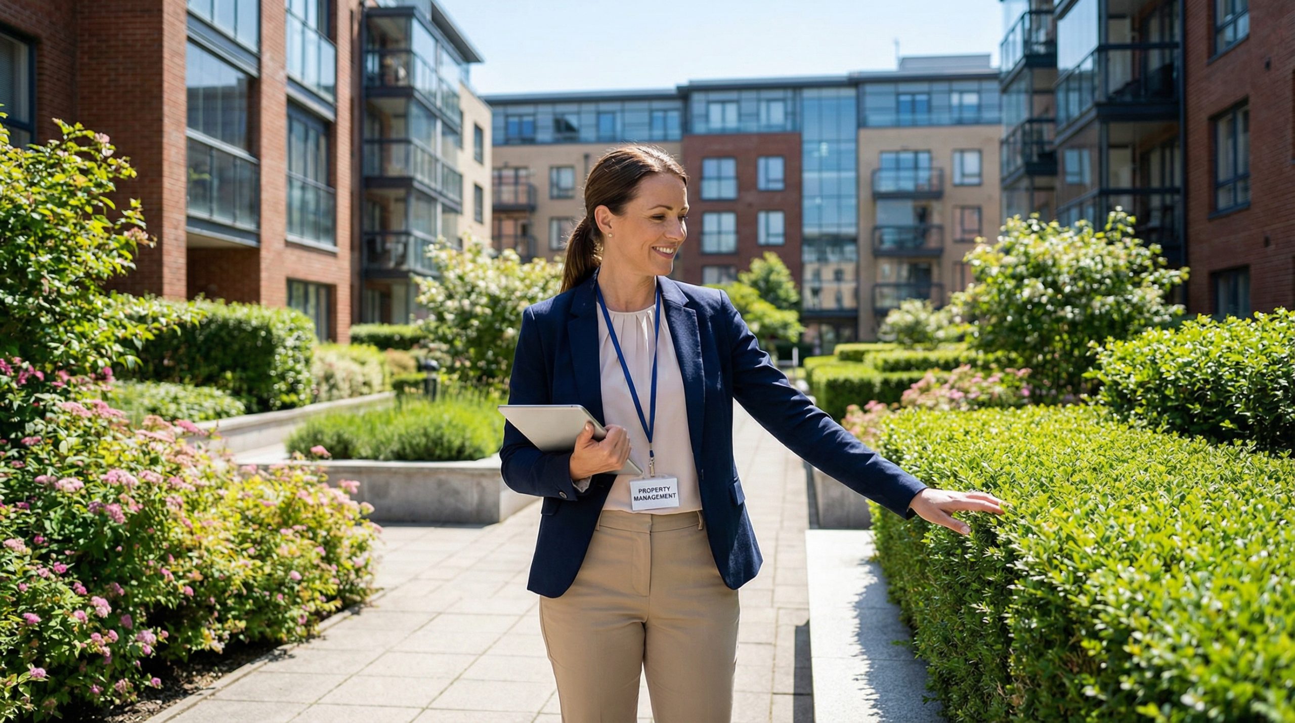 Property manager reviewing a tablet while standing in a well-maintained apartment community courtyard with modern buildings and clean landscaping