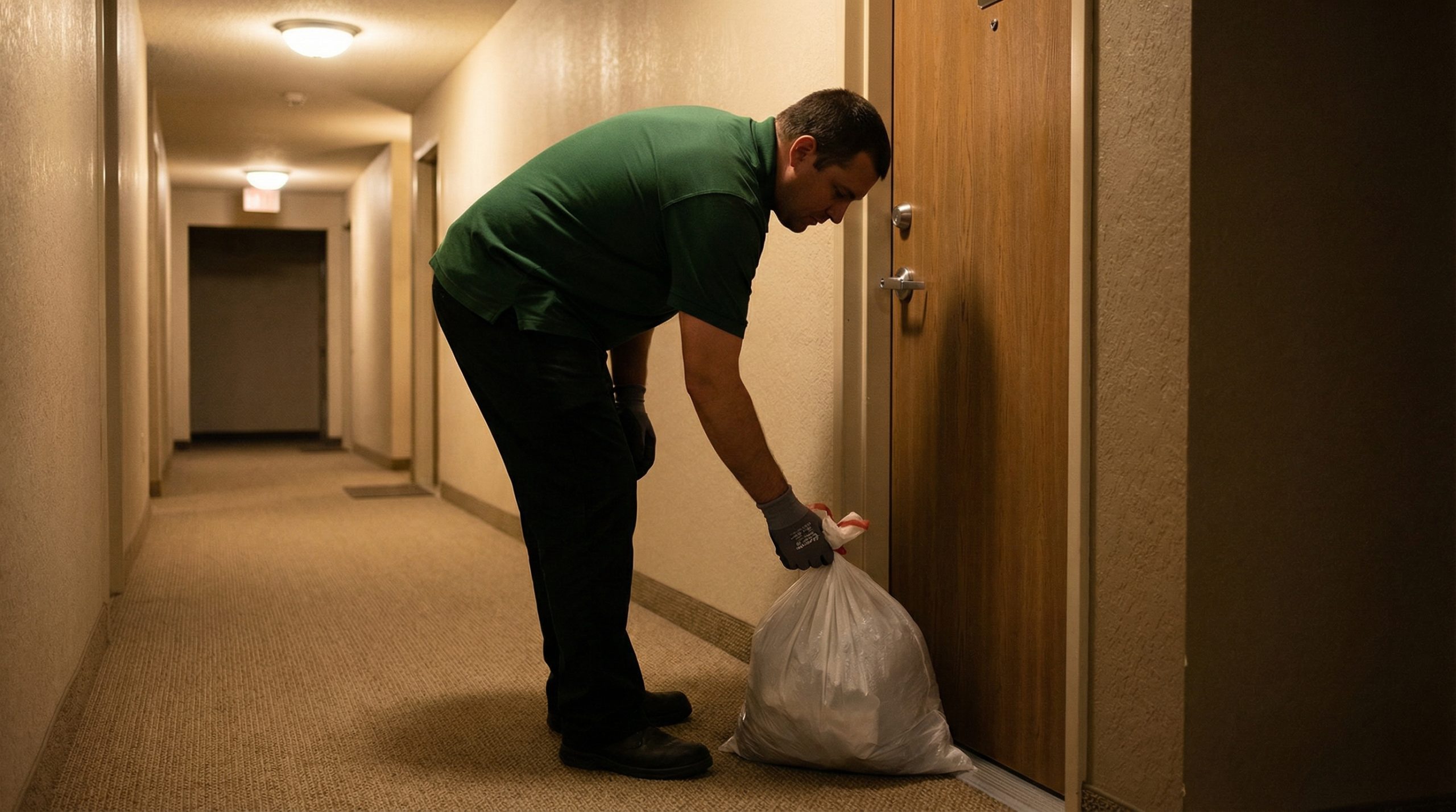 Valet trash team member in a plain dark green polo shirt collecting a tied trash bag from an apartment doorstep in the evening with warm hallway lighting