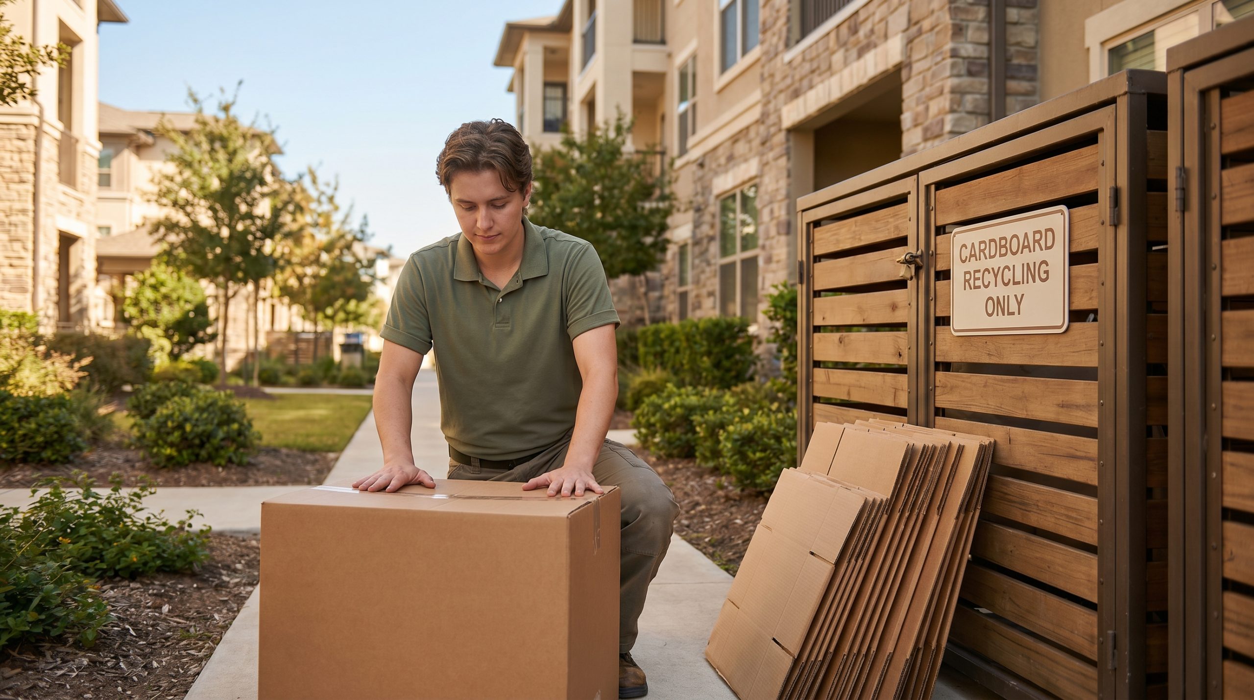 A resident flattening a large moving box next to a labeled apartment recycling enclosure on a sunny afternoon