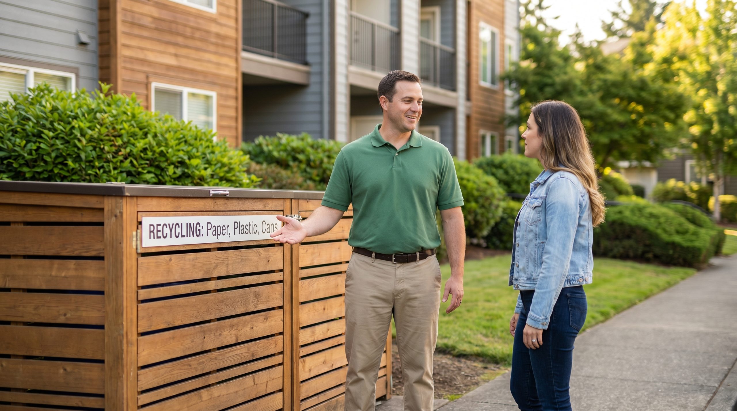 Property manager in a green polo shirt explaining the apartment recycling rules to a resident at a labeled outdoor recycling enclosure