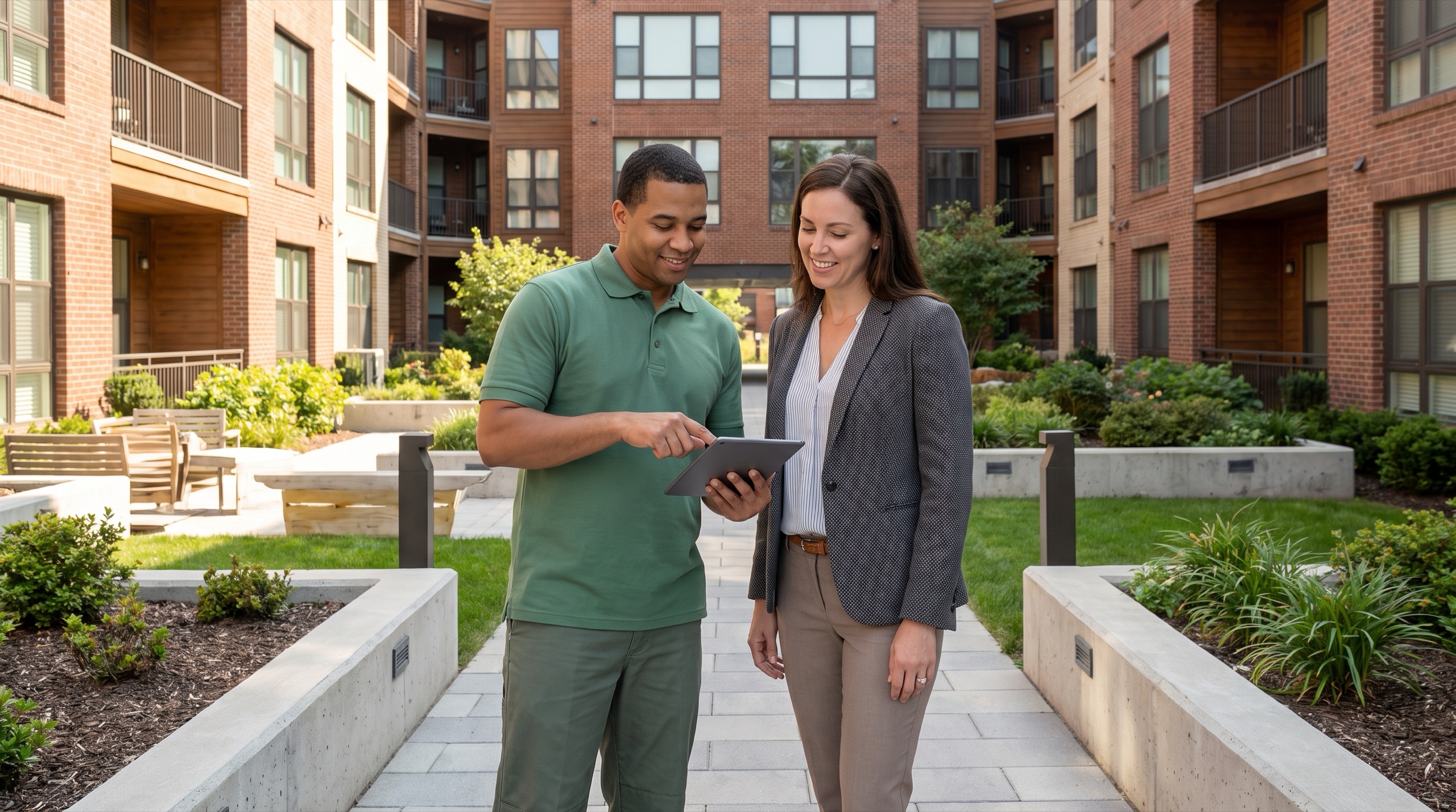 A valet trash collector in a plain green polo reviewing a service plan with a property manager in an apartment community courtyard