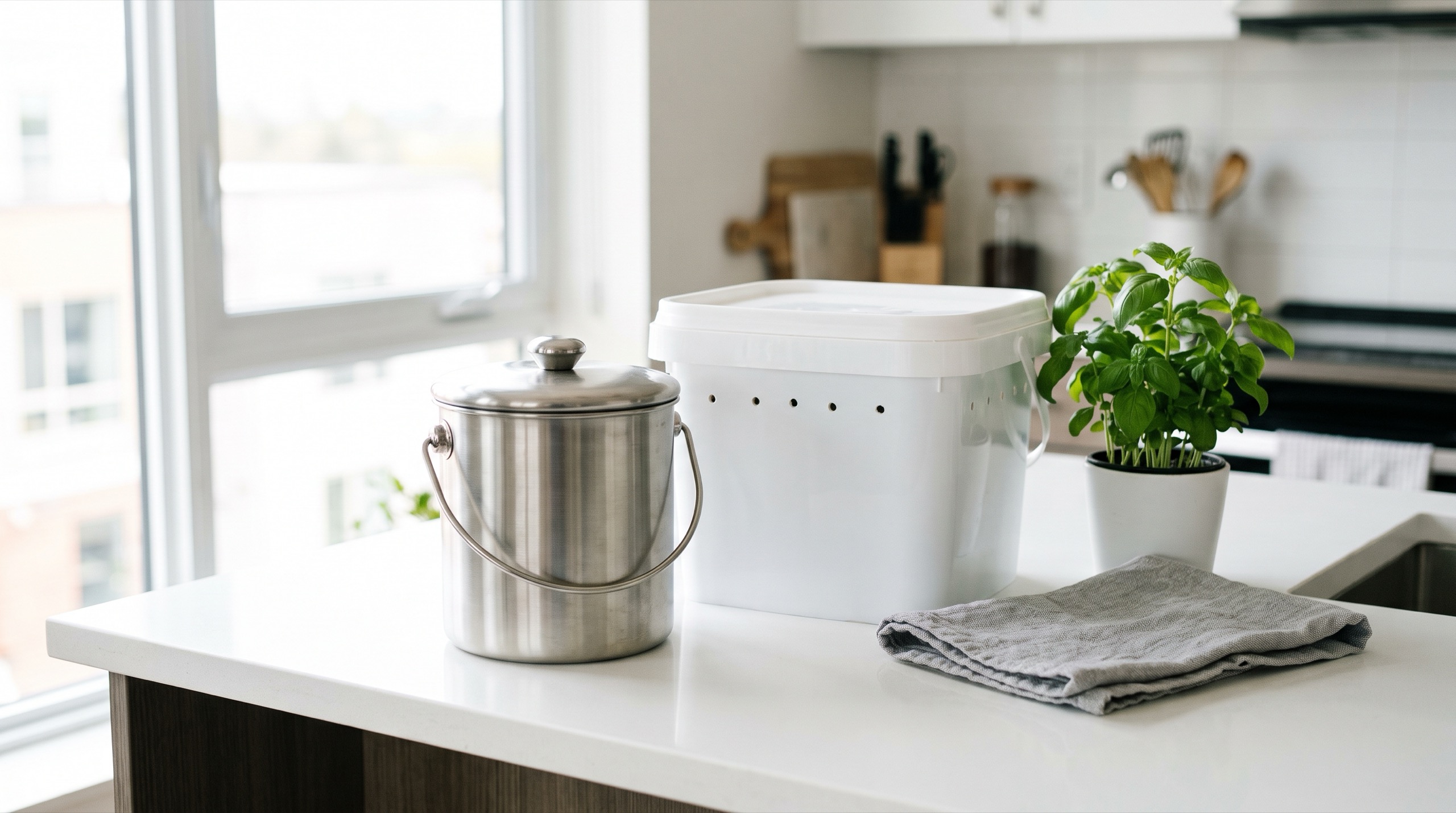 A small countertop compost caddy and a compact indoor worm bin sitting on a clean apartment kitchen counter in bright natural light