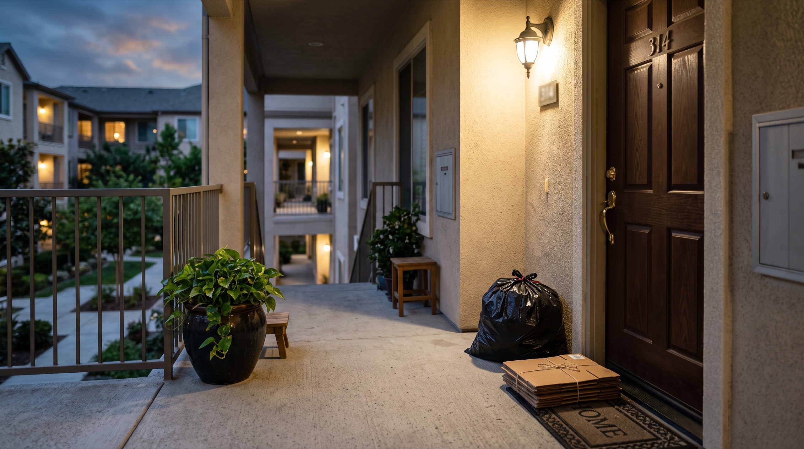 A tied trash bag and a bundle of flattened cardboard set out beside an apartment door in a lit breezeway at dusk