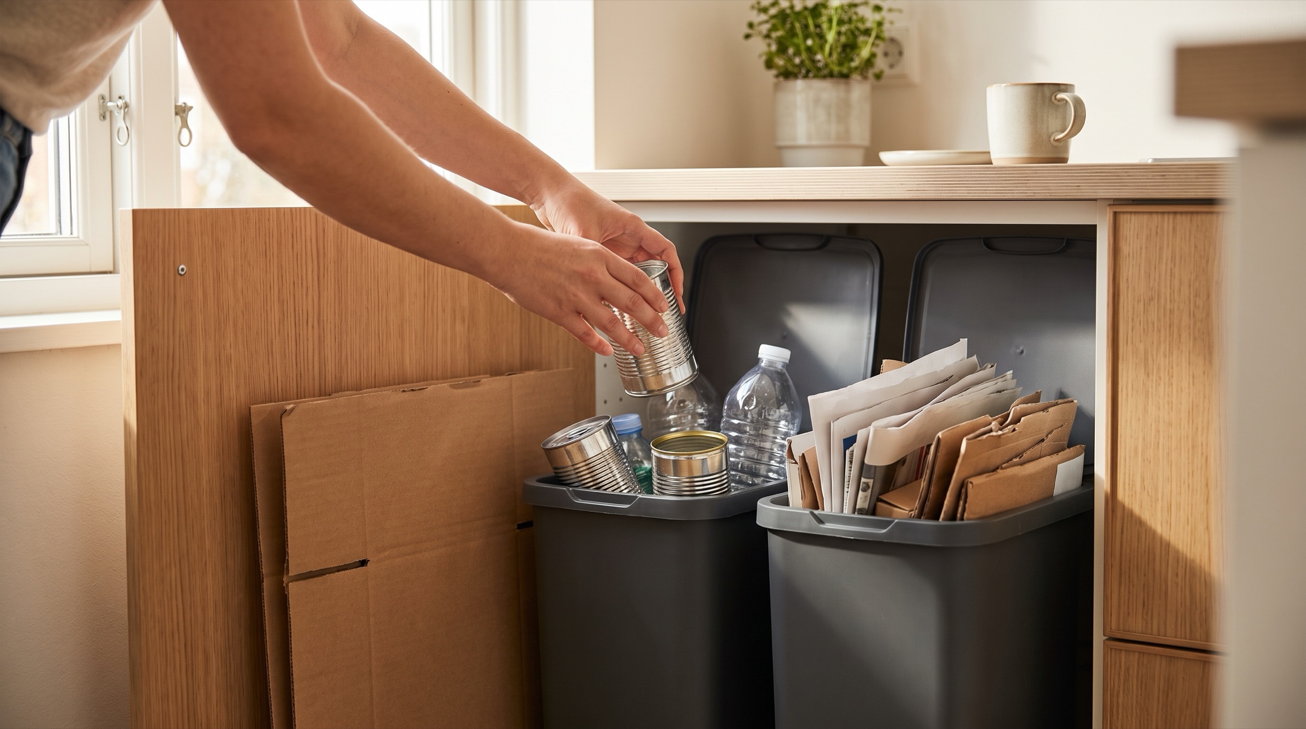 Two-bin recycling station under an apartment kitchen counter, one bin with rinsed cans and plastic bottles, the other with clean paper, and a flattened cardboard box leaning nearby