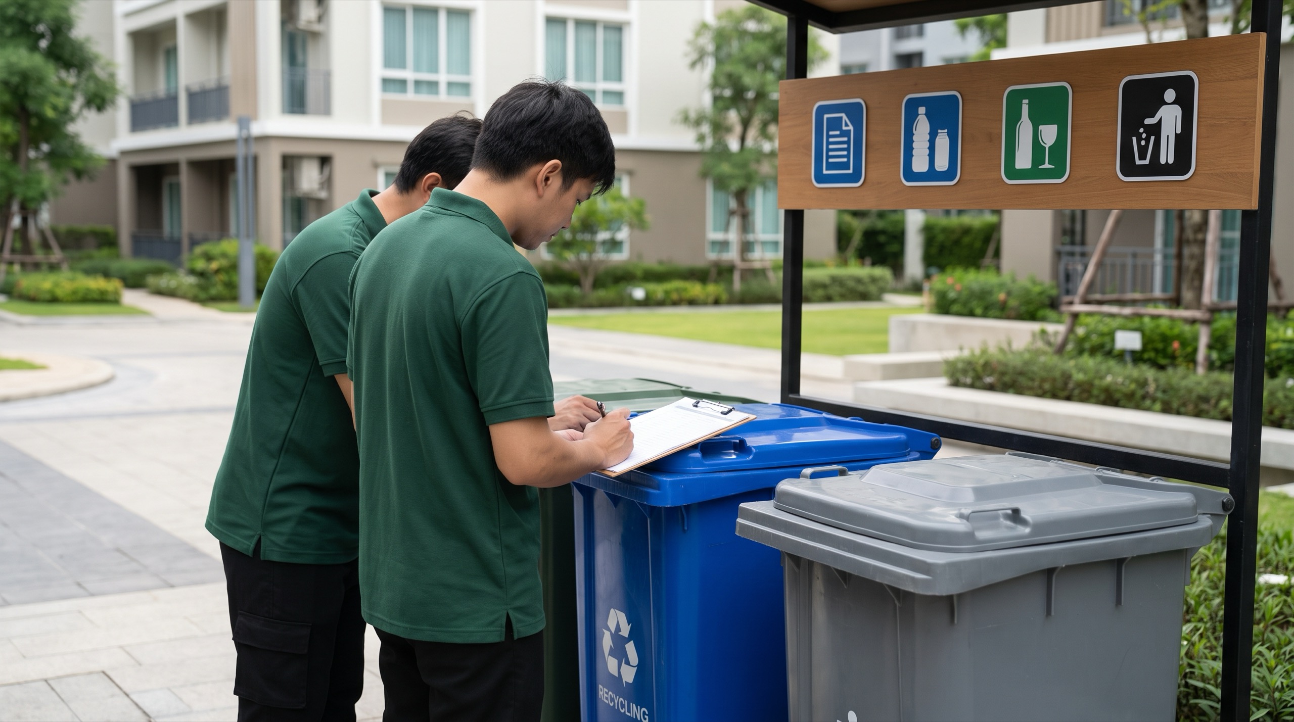 Two apartment community staff members in green polo shirts reviewing a clipboard at an outdoor recycling station with pictogram sorting signage above a blue recycling cart and gray trash cart