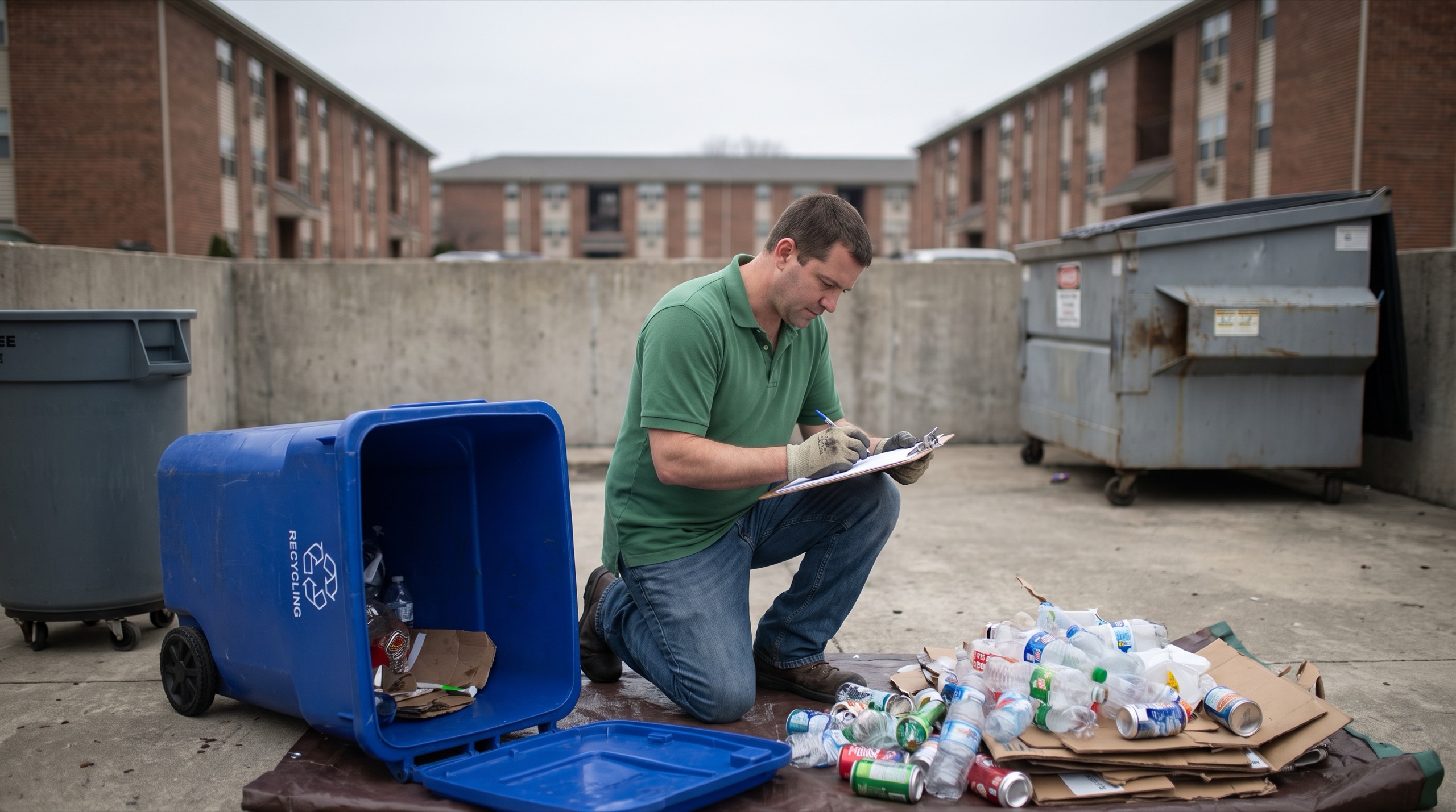 An apartment community staff member in a green polo kneeling beside an open blue recycling cart, tallying sorted bottles cans and cardboard on a clipboard next to a dumpster