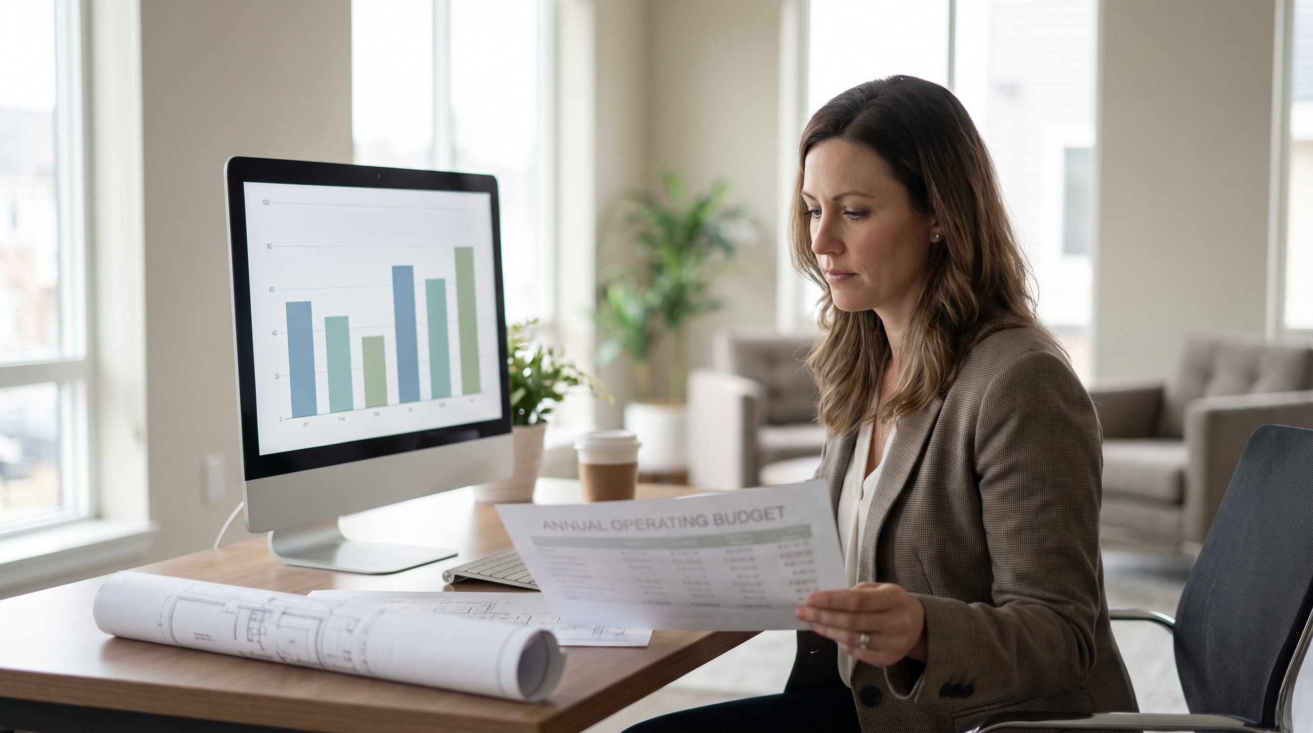 A property manager reviewing an annual operating budget printout at a leasing office desk beside a monitor showing a bar chart