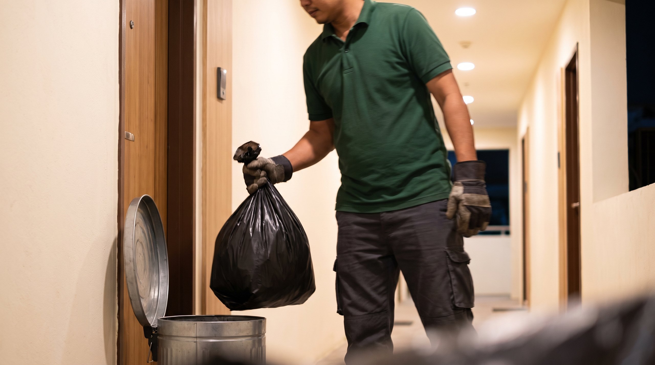 A waste collection worker in a plain green polo lifting a tied trash bag from a small bin beside an apartment door in a lit breezeway