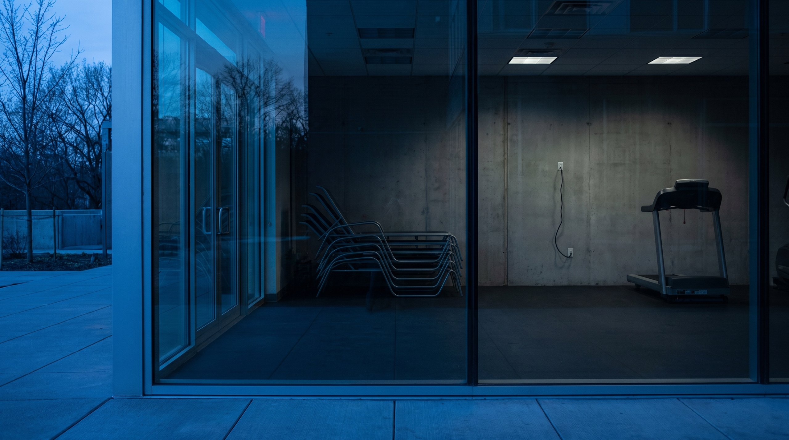 A darkened apartment clubhouse amenity room seen through a glass door at dusk with lounge chairs stacked against the wall